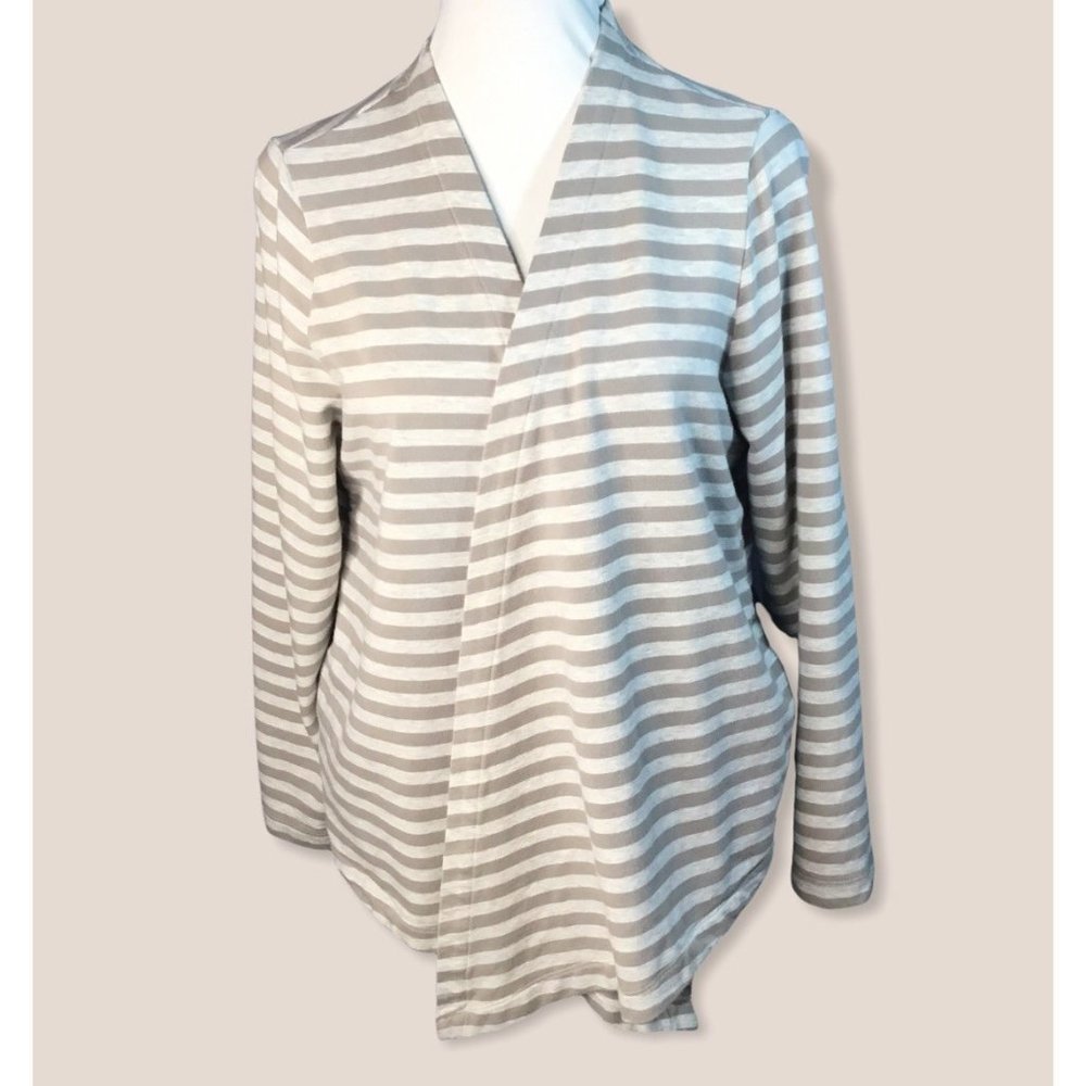 Lands End Women's Cardigan Sweater V Neck Cotton Blend Beige Gray Striped L 14 1